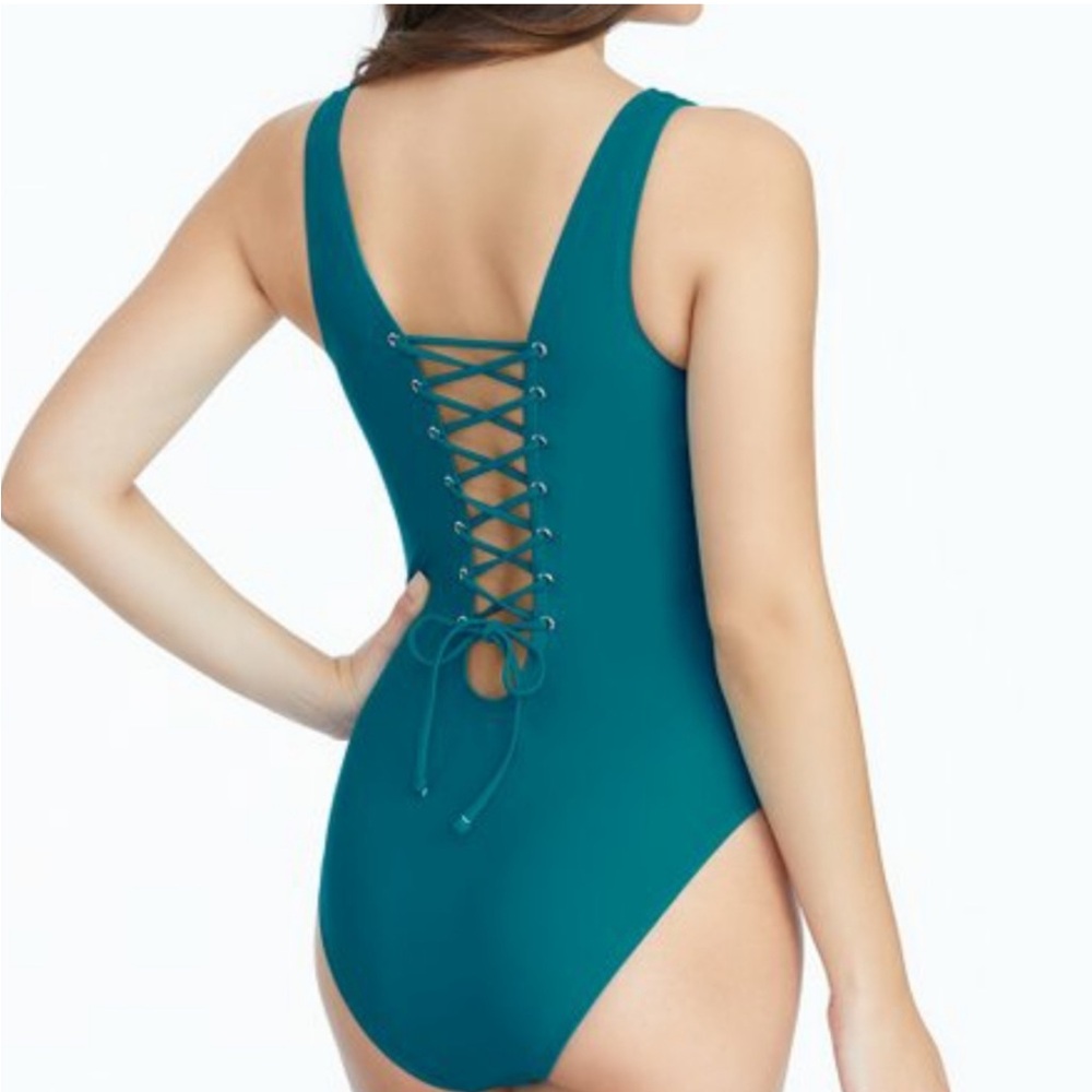 < Bebe Rhinestone Logo Teal One Piece Swimsuit > - Picture 6 of 6